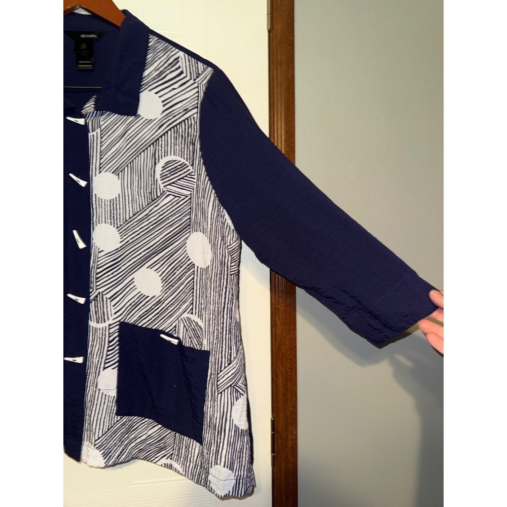 Ali Miles Blue Abstract Polka Dot Button Front Blouse Sz Lg Petite - Picture 4 of 12